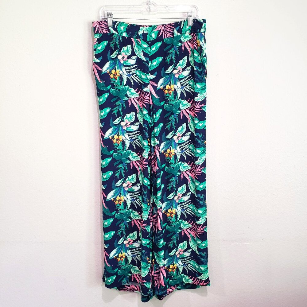 LOFT Linen Blend Pull-On Wide Leg Palazzo Pants Size M Navy Pink Green P… - Picture 7 of 13